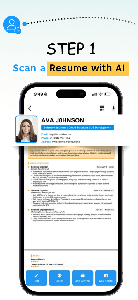 Resume generator AI: ResAI - ResAI app interface showing the first step to scan a resume with AI for a software engineer profile