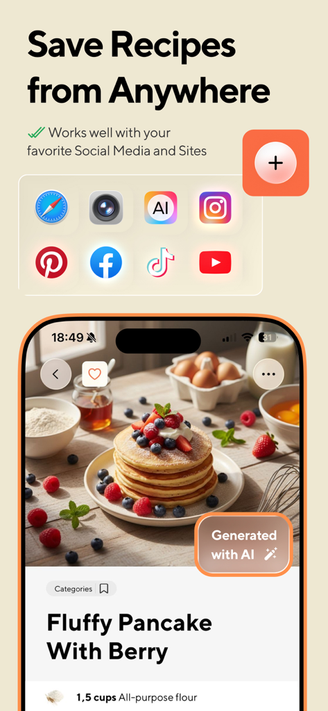 Recipe Keeper: RecipeSnap - Mobile app interface for Recipe Keeper showing a pancake recipe and social media icons for recipe capture.