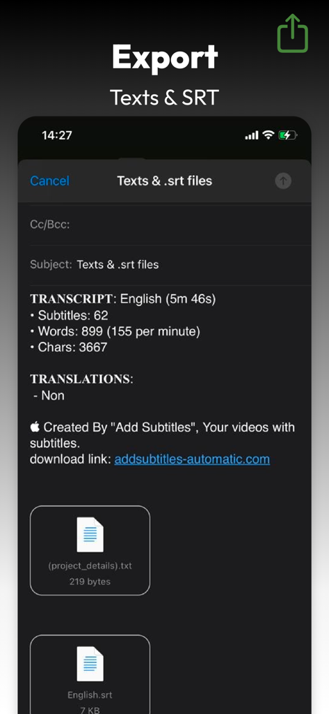 Subtitles AI: Video & Audio - Export screen showing options for text and SRT subtitle files.