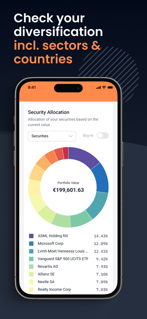 DivvyDiary - Mobile screen showing a donut chart of portfolio diversification by company for dividend investing