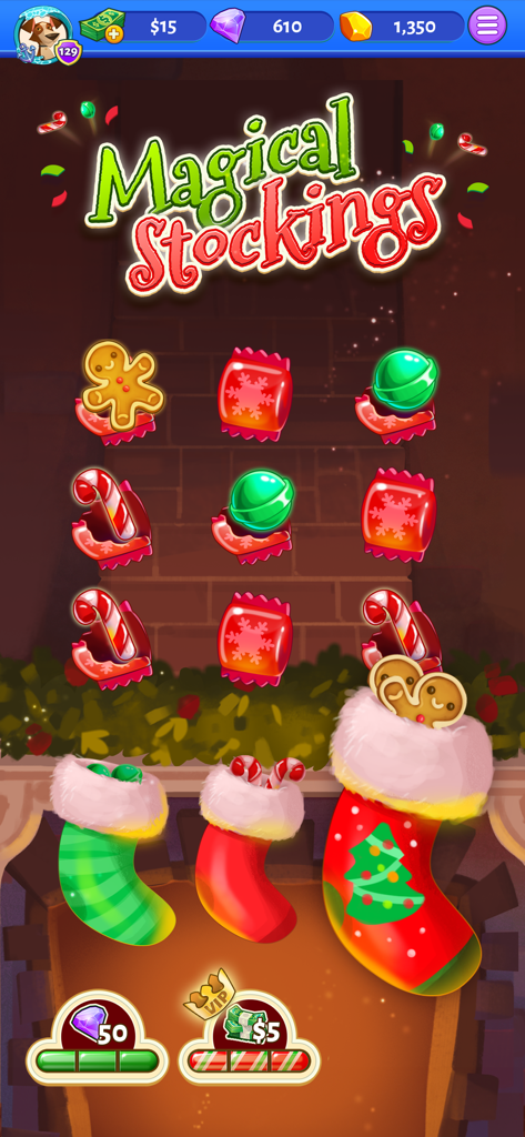 Captura de pantalla del juego Bubble Cash que muestra el festivo evento Magical Stockings con recompensas de efectivo y gemas