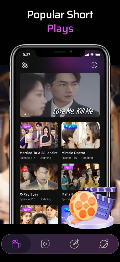 Tiger Video-Video&Music Player - Un'interfaccia mobile che mostra titoli e miniature di popolari serie di cortometraggi