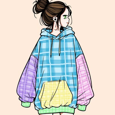 realistic girl with a oversized sweatshirt on and a bun