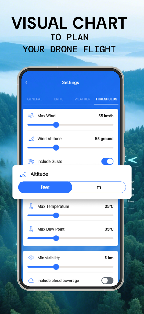 Drone UAV Fly Forecast: AirMap - App settings screen showing customizable drone flight safety thresholds for wind and visibility