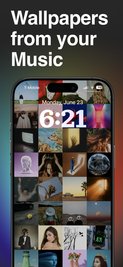 Opus - Music Wallpaper - iPhone lock screen displaying a custom wallpaper made of a grid of music album covers