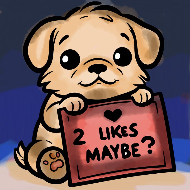 a puppy holding a sign that says 2 likes maybe?