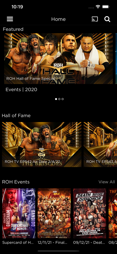The home screen of the Ring of Honor app displaying featured wrestling matches and event categories