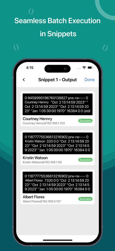 SSH, SFTP Client, iSH, Putty - SSH client app interface showing batch execution output on multiple servers with success status