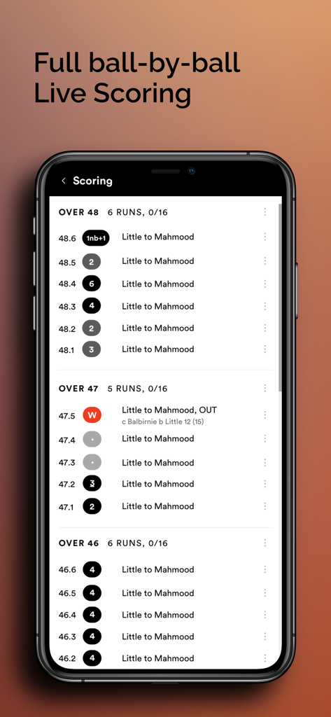 NV Play Cricket Scorer - NV Play Cricket Scorer app interface displaying live ball by ball game statistics