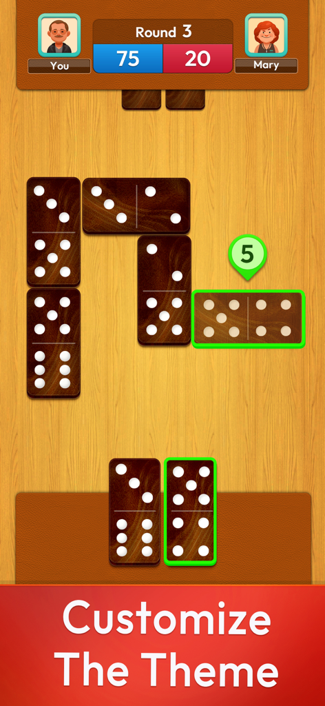 Arcadia Dominoes for Seniors - Arcadia Dominoes gameplay screenshot showing a customizable wooden theme with large tiles for seniors