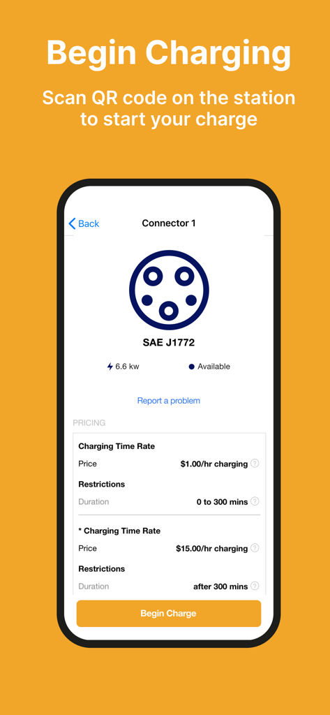 Time2Plug - Interface de l'application Time2Plug pour démarrer une session de recharge VE montrant les détails de la borne et les prix