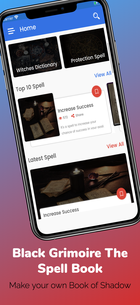 Black Magic Spell - Home screen of the Black Magic Spell app showing categories like Witches Dictionary and Protection Spell with a mystical aesthetic
