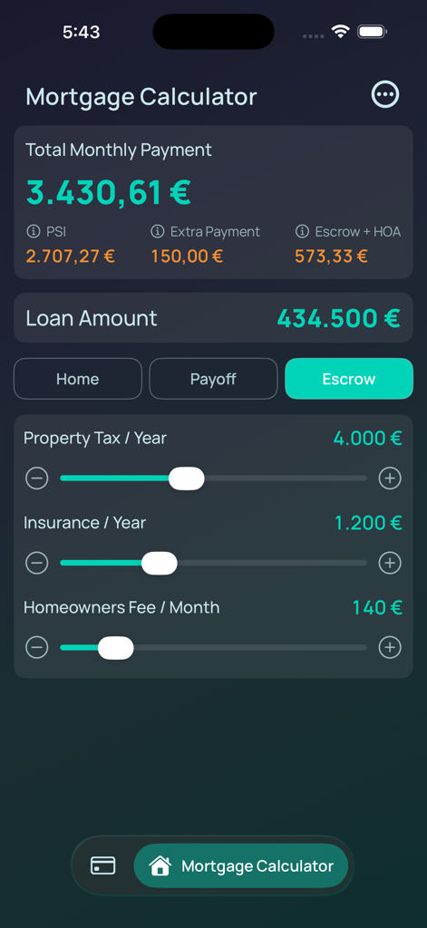 Mortgage calculator screen in Debt Payoff Planner app showing escrow settings with sliders for property tax and insurance