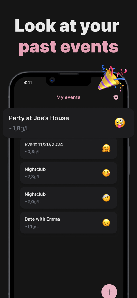 Drink Tracker - BAC Buddy - Drink Tracker BAC Buddy app interface showing a list of past drinking events with estimated blood alcohol levels and emojis