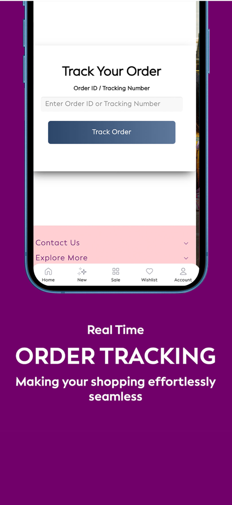 Libas - Fashion Shopping App - Echtzeit-Bestellverfolgungsbildschirm der Libas Mode-Shopping-App mit Eingabefeld für die Tracking-Nummer.