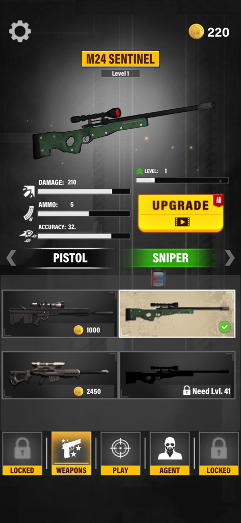 Jailbreak Fury - Weapon selection and upgrade menu in Jailbreak Fury featuring the M24 Sentinel sniper rifle with stats and upgrade options.