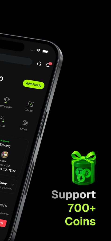 Interface de l'application de trading crypto Bitunix mettant en avant le support de plus de 700 cryptomonnaies.