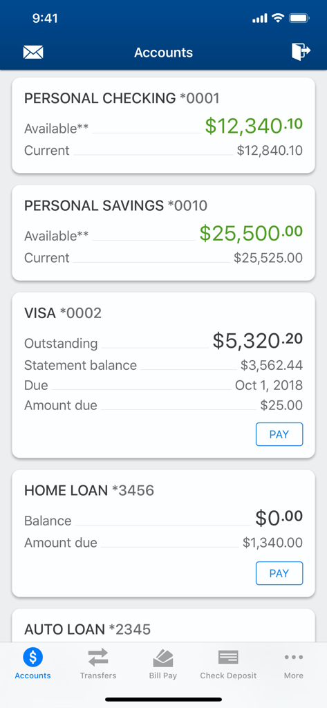 OceanFirst Bank - Mobile - Dashboard of OceanFirst Bank mobile app displaying checking savings and loan account balances