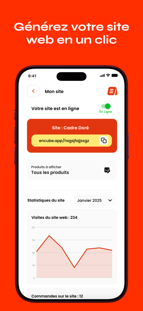 Encube - Interfaz de la aplicación Encube que muestra la generación instantánea de sitios web y un gráfico de análisis de visitantes.