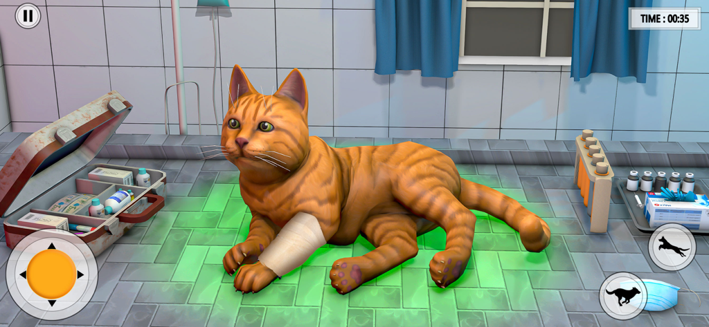 Pet Dog Rescue Shelter Games - A ginger cat with a bandage on its leg in a veterinary clinic rescue game