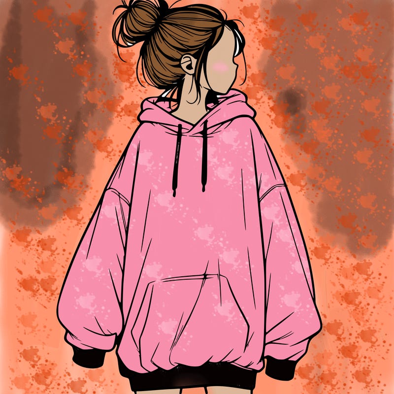 realistic girl with a oversized sweatshirt on and a bun