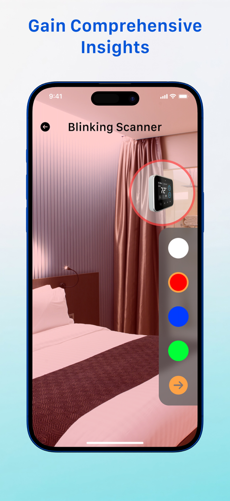 Spy Device Detector - CamOk - Interfaz de la aplicación CamOk mostrando un escáner parpadeante detectando un dispositivo en una habitación de hotel.