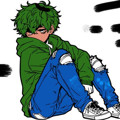 a male hoddie ripped jeans messy hair anime