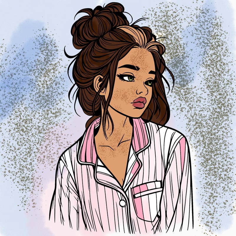realistic woman with pajamas on and a messy bun