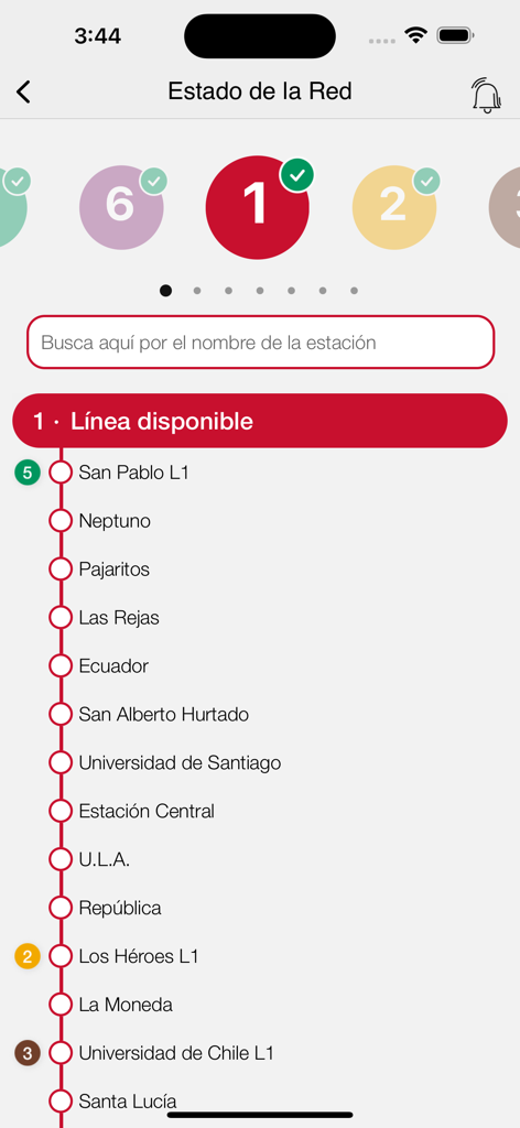 Metro de Santiago Oficial - Pantalla de estado de la red de la aplicación oficial Metro de Santiago mostrando la lista de estaciones de la Línea 1 y su disponibilidad.