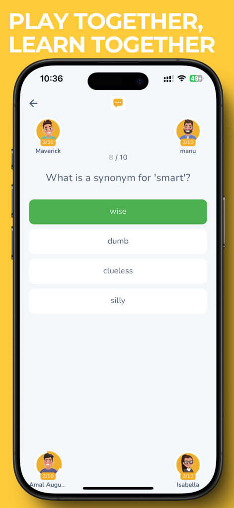 Spelling Bee Spelling Better - Spelling Bee Spelling Better multiplayer quiz screen showing a synonym question for smart with multiple choice options.