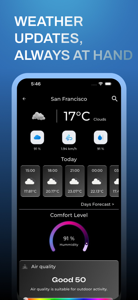 Goojara – Movies & TV Browser - A smartphone screen displaying a detailed weather forecast interface within the Goojara app featuring temperature, humidity, and air quality.