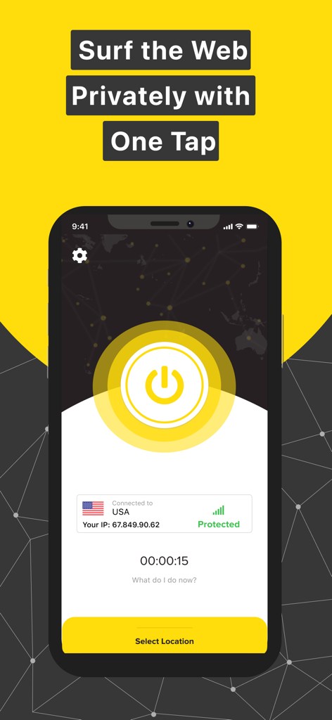 Interface of the HOTVPN app showing a one-tap secure connection for private web browsing on an iPhone.