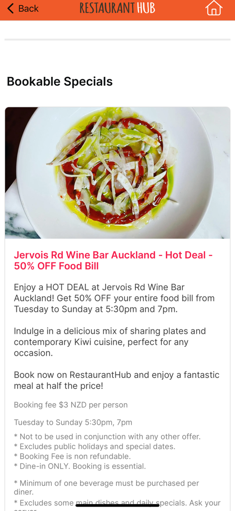 Restaurant Hub - For Customers - Restaurant Hub app screenshot showing a 50 percent off food bill hot deal for a restaurant in Auckland