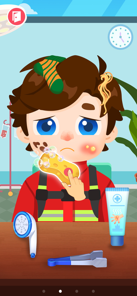 A kid doctor game screen showing a character being cleaned with a sponge and various medical tools