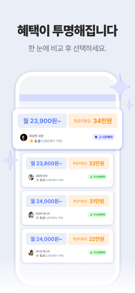 렌트리 - 렌탈 & 인터넷, 한 곳에서 견적 비교 - Rentreアプリのモバイルインターフェース。月額料金、キャッシュインセンティブ、ユーザー評価を含む、さまざまな販売業者からのレンタル価格見積もりのリストが表示されています。