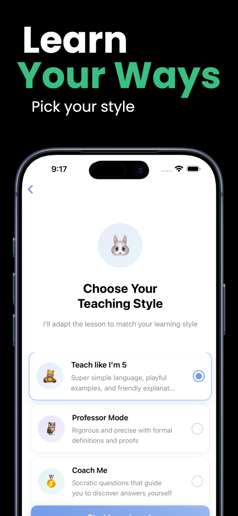 Laxu AI: Quiz & Flashcards - Laxu AI app screen showing multiple teaching style options including Teach Like I'm 5, Professor Mode, and Coach Me
