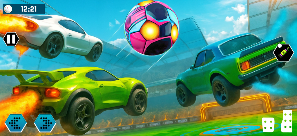 Rocket Car 3D - Ball Game - Rocket powered cars jumping and boosting towards a glowing soccer ball in a 3D stadium arena