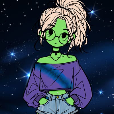 girl with a messy ponytail glasses a baggy crop top and jean shorts