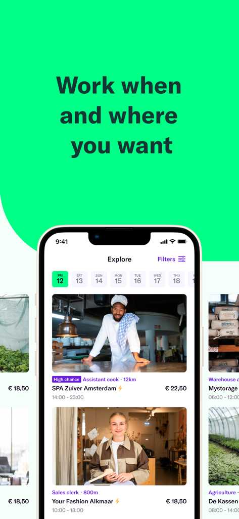 Temper | Flex Work and Gigs - Smartphone screen displaying flexible job shifts for cooks and sales clerks in the Temper app.