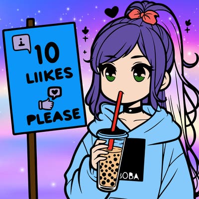 girl with a high ponytail and a hoodie drinking boba staring at a sign saying 10 likes please