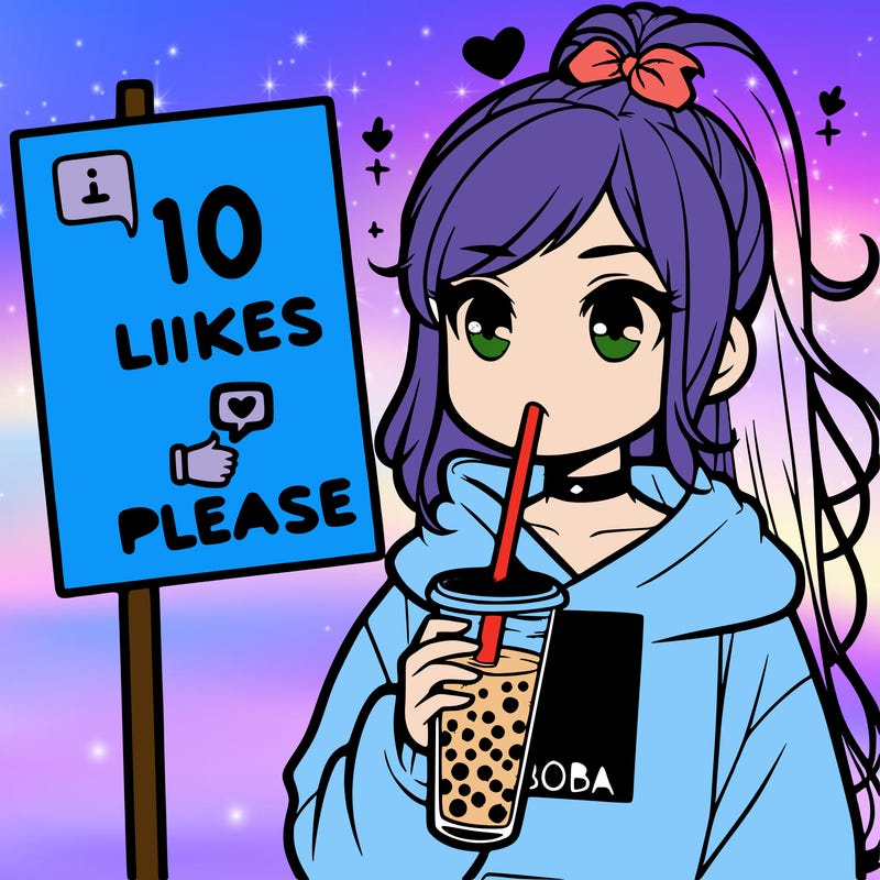 girl with a high ponytail and a hoodie drinking boba staring at a sign saying 10 likes please
