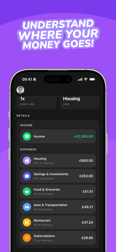 Trya - Budget Planner & Money - Trya mobile app dashboard showing a monthly income summary and categorized expenses like housing and groceries.