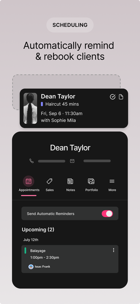 GlossGenius: Booking, Payments - 자동 고객 리마인더 및 예약 일정 관리 기능이 표시된 GlossGenius 모바일 앱 화면