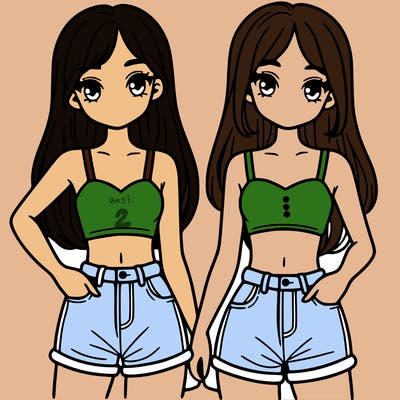 two sisters with crop tops and jean shorts and straight hair