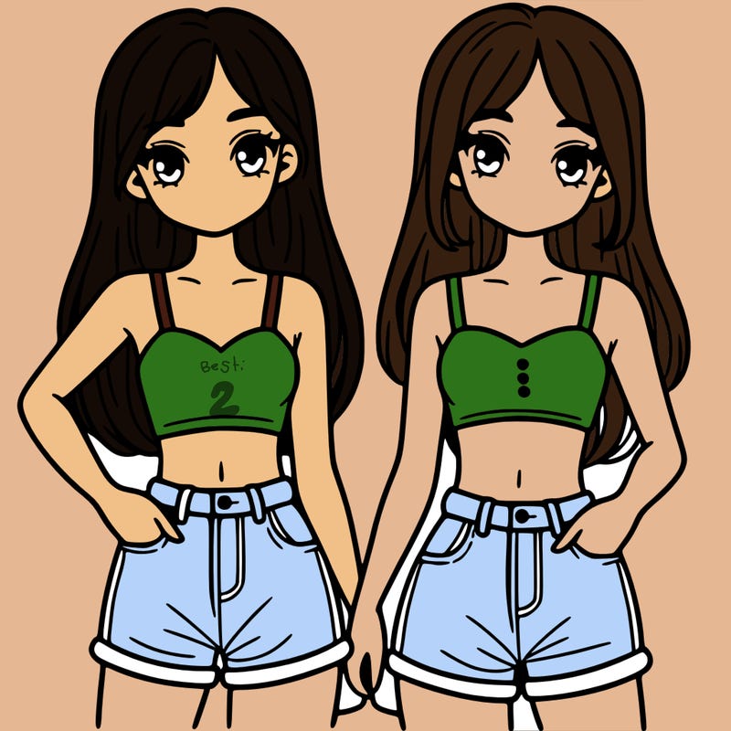 two sisters with crop tops and jean shorts and straight hair