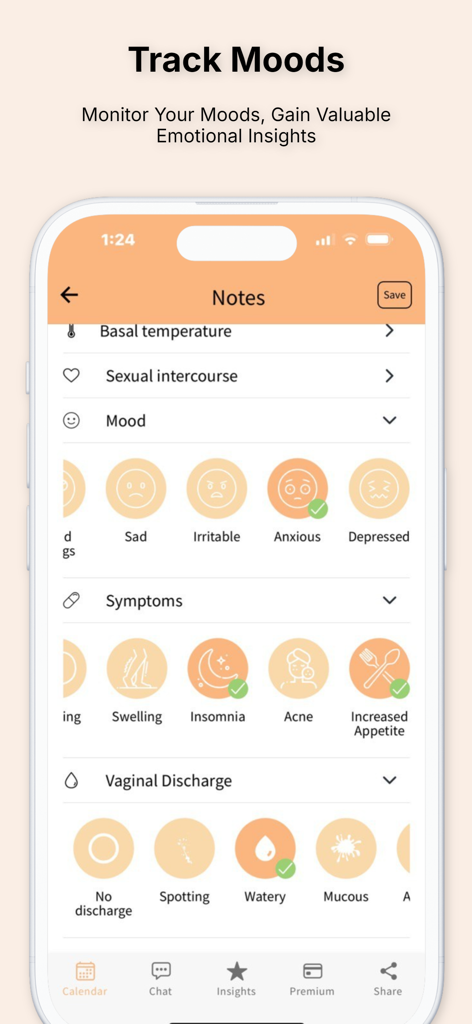 Selin: Your Period Tracker - Selin app screen showing mood and symptom logging for menstrual health