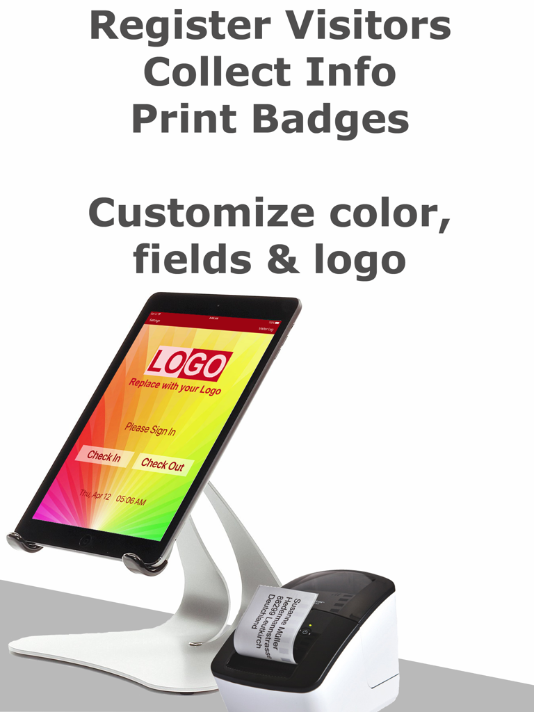 iPad kiosk running the Simple Visitor Log app on a stand next to a visitor badge printer