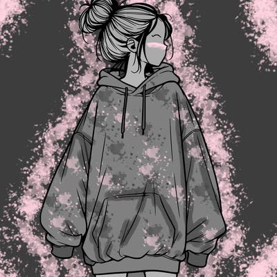 realistic girl with a oversized sweatshirt on and a bun