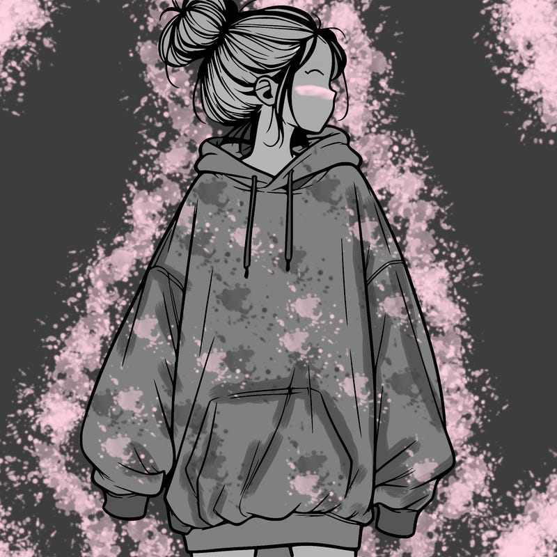 realistic girl with a oversized sweatshirt on and a bun