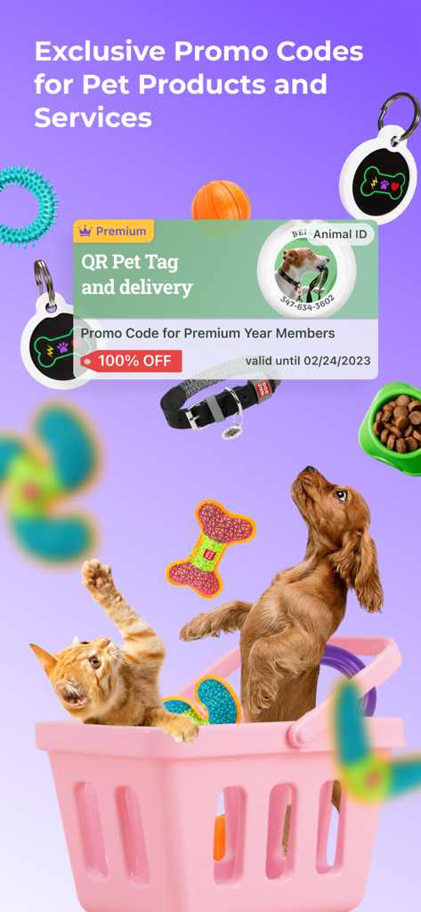 Pet Care, ID & GPS Tracker - Un gato y un perro en una cesta de la compra con ofertas promocionales de productos para mascotas y etiquetas QR gratuitas.